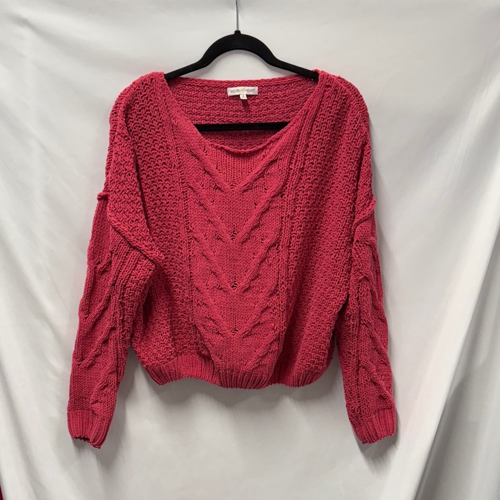 V-Neck Chenille Knit Sweater in Hot Pink